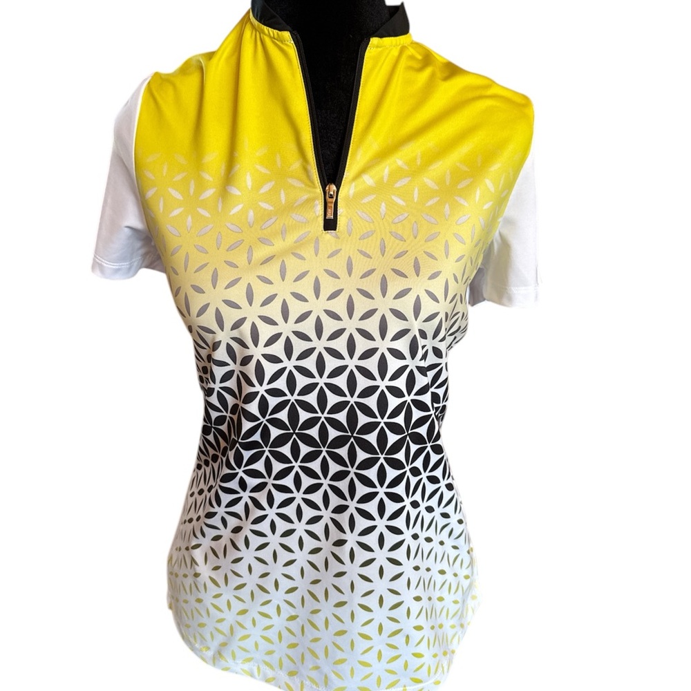 NVO Yellow, Black, and White Graphic‎ Ladies Short Sleeve Golf Shirt Size SP